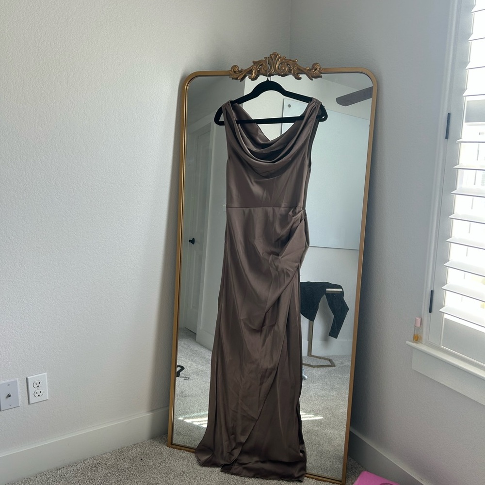 PrettyLittleThing Cowl Neck Taupe Satin Dress